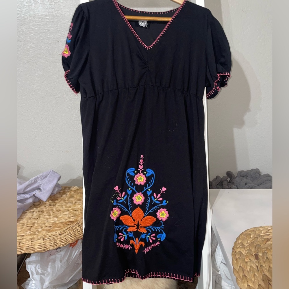 Double D Ranch Black Mini Dress with Blue, Pink & Orange Embroidery